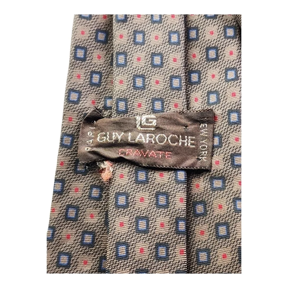 Vintage Guy Laroche Geometric Silk Tie Made in France Blue Red Squares